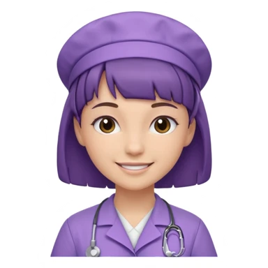 A young female slim nurse with short Brown hair with fringe over her forehead, wearing larvendar purple working cloth sticker