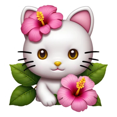 Create an emoji-style face of Hello Kitty with BROWN skin. She should have her iconic round face with no mouth, black oval eyes, and a yellow nose. Replace her usual bow with a pink or red hibiscus flower tucked behind one ear sticker