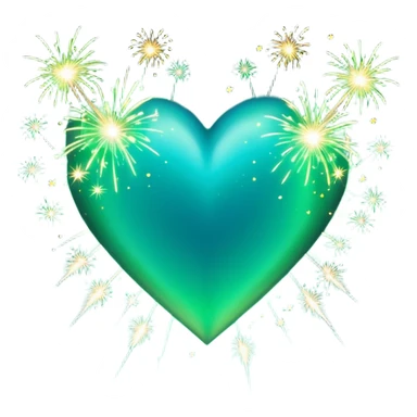 emoji: teal and neon green gradient heart with sparklers and firework confetti from behind. sticker
