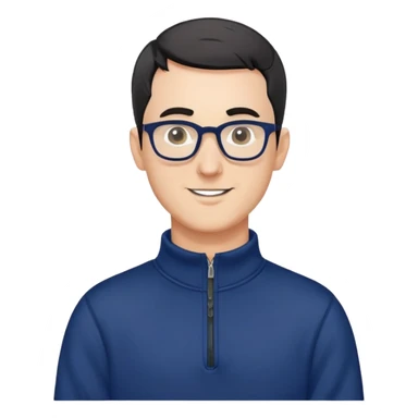 Caucasian man with very short black hair (close-cropped buzz cut), short beard with gray streaks, large black eyeglasses, cheerful expression, navy blue long sleeve sweatshirt with quarter zip sticker