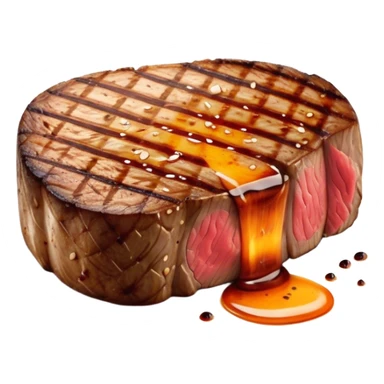 Cinematic thick-cut scotch fillet steak, perfectly seared with grill marks, a grilled center, rich and savory, warm glow, sizzling and mouthwatering, highly detailed and appetizing. sticker