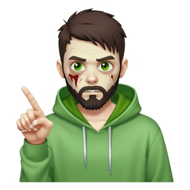 zombie pointing finger, undercut hairstyle with dark brown hair, short full beard, bright green eyes, wearing plain white hoodie sticker
