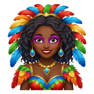 i need the same girl in "dark skin girl, dark red lipstick, nails very beautiful" to be smiling in "carnival mas costume, blue, green and orange preferably, full costume feathers at the back" she is to be smiling, hair should be dark shoulder length, black nail polish on her fingers  sticker