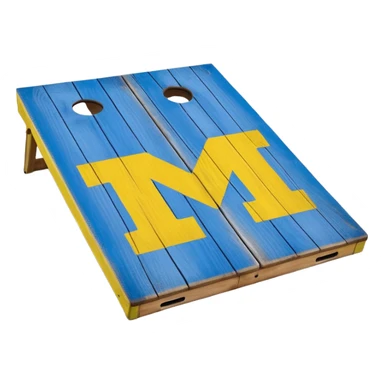 Cornhole board blue and yellow with Michigan “M” sticker