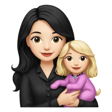 Make a girl with long BLACK silky hair and makeup on be holding a blonde cocapoo sticker