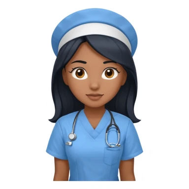 pretty brown skin nurse with long black hair and slanted brown eyes in light blue scrubs sticker