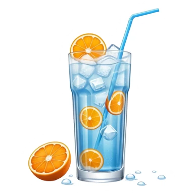 A tall glass of mikan soda with floating orange slices and ice, tiny bubbles rising, soft blue drink, sunlight through glass. sticker