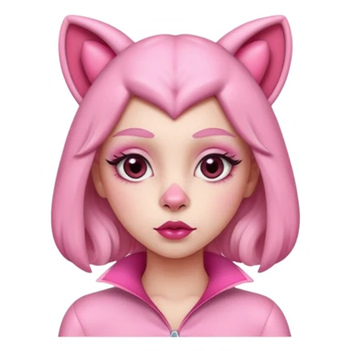 A woman dressed as a pink panther with soft pink skin, big expressive eyes, and glossy lips has a calm, pouty look. Pink animal ears and subtle heart details give her a sweet, playful vibe sticker