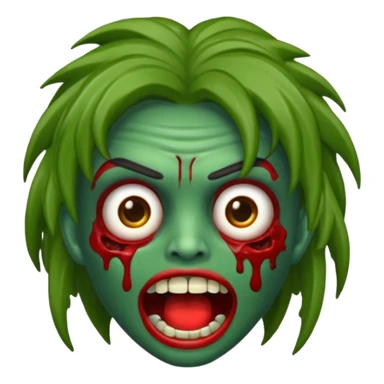 emoji de zumbi estilo WhatsApp, cabeça verde, cabelo cacheado vermelho volumoso, olhos brancos brilhando, expressão divertida e assustadora, cartoon, linhas limpas, fundo transparente, qualidade alta sticker