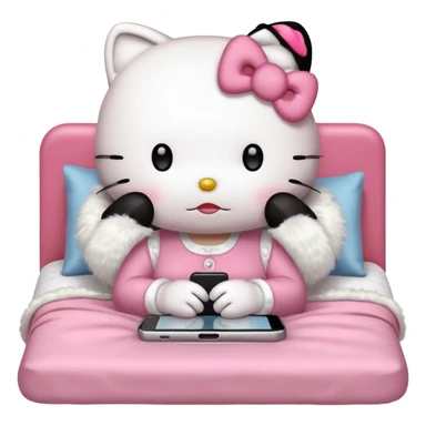 hello kitty without a mouth tucked into bed and using her phone sticker