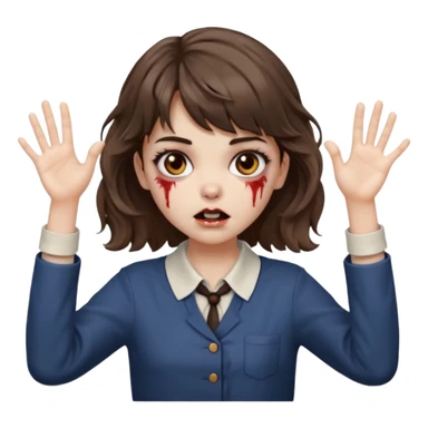 Cabelo ondulado  um pouco cheio e franja curta  Olhos marrons e pequenos e feita d ezumbi mais bonita com cabelo amarro na e com as mãos assim tipo assim🧟‍♀️ sticker