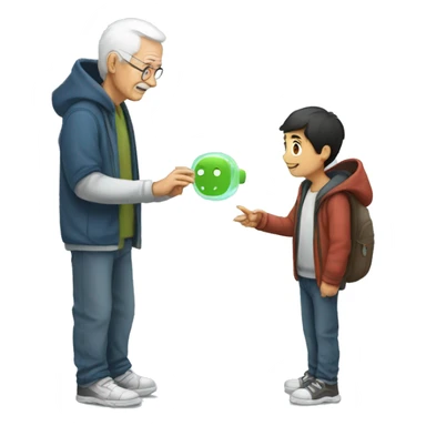 Young man with hoodie helping old man to learn how to use artificial intelligence  sticker