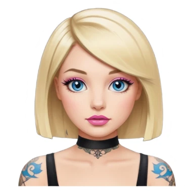 Woman, Blonde hair Medium blunt bob, blue eyes, makeup Smokey lid with doe lashes, pink lips, tattoo on arms, wearing black sticker