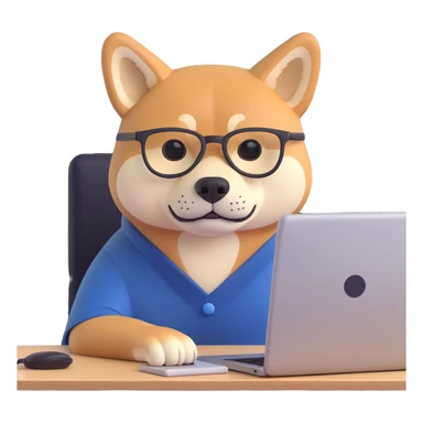 shiba inu with eye glasses and computer sticker