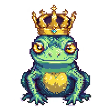 pixel art crowned frog, with a golden crown and big eyes sticker