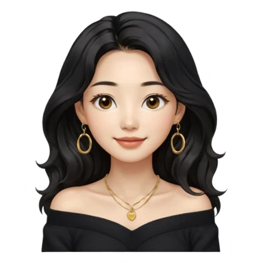 A South Korean girl in her thirties with long black soft wavy hair with middle part and layers. She is wearing a black off the shoulder long sleeve knit sweater, small gold hoop earrings and thin gold necklace. She has brown eyes with mono lid shape and smiling with lips together sticker