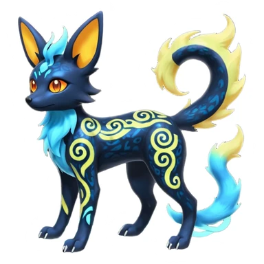Shiny Fiery Dark Glowing Ethereal Eldritch Cool Edgy Badass Punky Aural Iridescent Fluorescent Bioluminescent Umbreon-Amaura-Salandit-Litten-Flareon-Fakémon-fusion (full body) with intricate pattern markings sticker