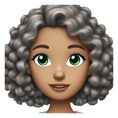 A brunette girl with green/blue/grey eyes and curly hair that has a pink bow in her hair and looks like a barbie sticker
