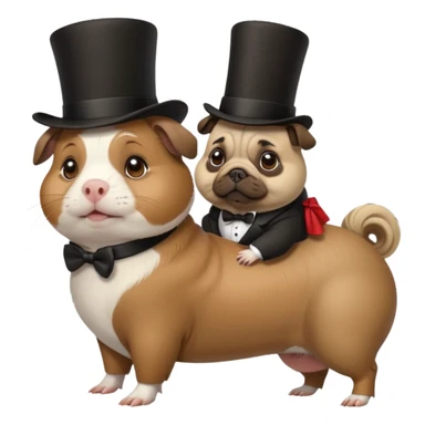 a cute guinea pig wearing a top hat riding on the back of a pug dog sticker