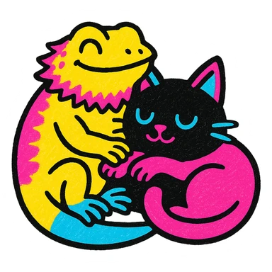 a bearded dragon and a black cat cuddling, playful, vibrant colors, pop colors style sticker