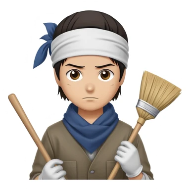 Levi Ackerman cleaning with bandana over hair, gloves, holding broom, annoyed expression sticker