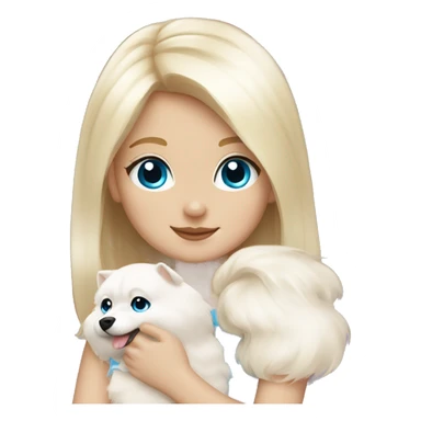 Blond girl white skin blue eyes hugging white Pomeranian with light pink bow sticker