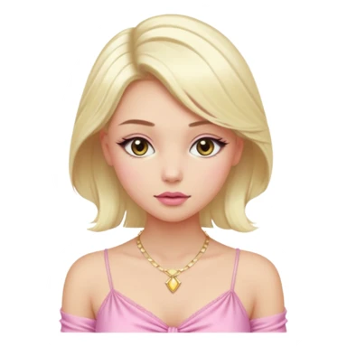 Girl with a platinum-blonde beauty with sleek, waist-length hair, flawless skin, fluttery lashes, and pouty lips-dressed in a sheer pink ruched top that ties in the center, glowing softly under the car lights with a dainty gold necklace completing her dreamy, doll-like look. sticker