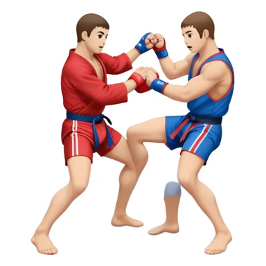 An icon symbolizing Sambo, featuring two fighters in blue and red kimonos with shorts. One executes a powerful throw, while the other attempts a defensive grab. The fighters are engaged in a grapple, using joint locks and sweeps. The background features a wrestling mat/ sticker