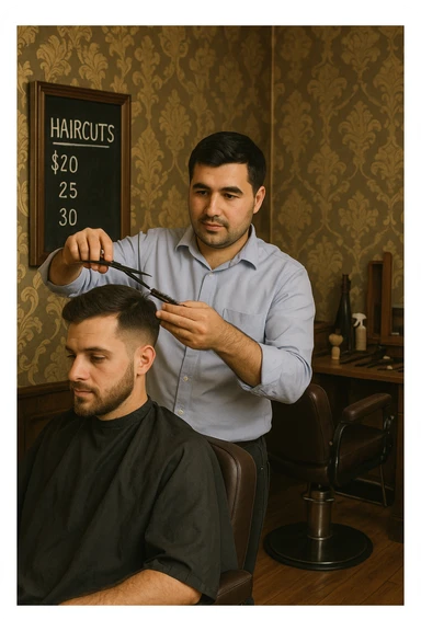 Draw me a picture of a barbershop that looks like this guy working in a barbershop. The barbershop doesn't have to be very modern. It should be on a medium floor. Also draw a blackboard on the wall. It should have the prices for haircuts there. sticker