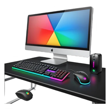 rgb gaming computer on black desk with a black keyboard and mouse sticker