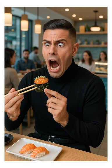 a man in casual clothes is about to eat a salmon gunkan at a sushi restaurant. As he brings it closer, he spots tiny parasites and bacteria wriggling on the fish. His face contorts in a dramatic expression of shock and alarm, with his hand frozen mid-air. The setting is a modern sushi bar, with other diners in the background unaware of the situation. sticker