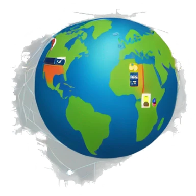Glowing globe with interconnected lines, surrounded by small country flags, representing virtual connections across 100+ countries. Modern, tech-inspired design. sticker