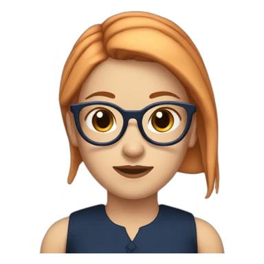 white girl with dark blue red hair with ponytail and glasses with a black top sticker