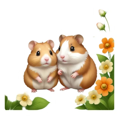 Icon for Hamster and Guinea Pig: A portrait-style collage with a fluffy hamster with soft fur, looking curious, and a friendly guinea pig with long, smooth fur, both on a soft green background with flowers and soft light. Transparent background. sticker