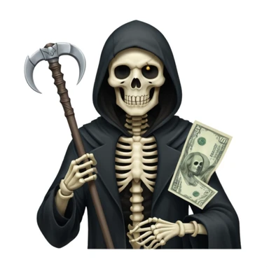 Grim Reaper iPhone emoji style, half skeleton half zombie face (no slime), holding a single scythe in left hand, 100 dollar bills floating around or partially visible, white background, dark and menacing atmosphere sticker