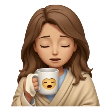 emoji-style illustration of a crying relaxed woman with long wavy brown hair, wrapped in a cozy beige blanket, holding a mug cup, eyes closed, sad and a bit anxious expression, soft 3D cartoon rendering, warm and comforting mood, plain background
 sticker