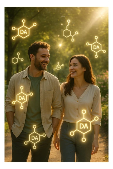 a smiling man and woman walk together along a sunlit park path, surrounded by green trees and blooming flowers. Sunbeams gently illuminate their faces, and subtle, glowing dopamine symbols float around them, symbolizing natural, healthy pleasure. The mood is uplifting and serene. sticker