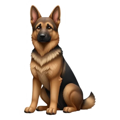 cinematic-[german shepherd]-realistic-full-body-sitting-emoji,-tail-resting-loosely-beside-its-paws,-head-tilted-dramatically,-sleek-[brown and black]-fur,-simplified-yet-realistic-focused-features,-highly-detailed,-glowing-with-an-almost-sarcastic-glow sticker