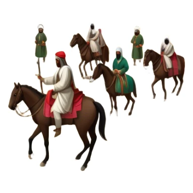 Early Ottoman settlement being built. Wooden houses, tents, and a small market. People in traditional Ottoman clothes, soldiers on horseback, and a flag waving sticker