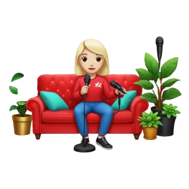 red velvet couch, stand microphone, houseplants, neon sign "karaoke" sticker