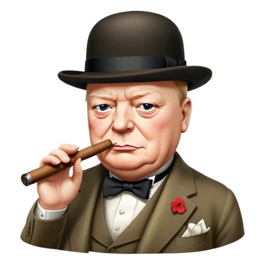 Cinematic Realistic Winston Churchill Portrait Emoji, depicted as a resolute British statesman with a signature bowler hat and a cigar, exuding determined leadership and wartime valor, rendered with lifelike textures and dramatic vintage lighting that captures his iconic British spirit. sticker