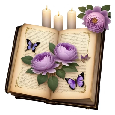 An antique botanical journal with golden-edged pages, filled with meticulously pressed lilac roses, ice violet peonies, and amethyst dahlias, lies open beneath the soft glow of candlelight, its delicate illustrations and handwritten notes whispering stories of forgotten gardens as a pearl butterfly gently perches on its weathered cover. sticker