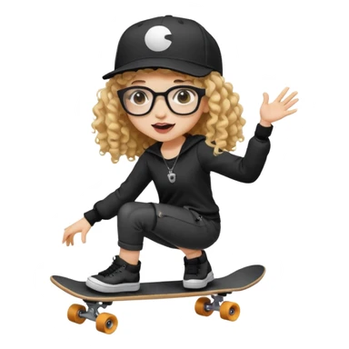 ["An excited girl with light skin, curly hair, wearing a baseball cap and square glasses, dressed in goth fashion, is skateboarding while holding a camera."] sticker