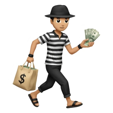 Make a man wear a black pant and he shirt is balck line and white line and wear a black hat and he holding a money bag and he running he wear a black eye thing no money in the Left hand and he yellow and the money bag in the right he wear a flip flop like this is Money bag 💰 NO MONEY sticker