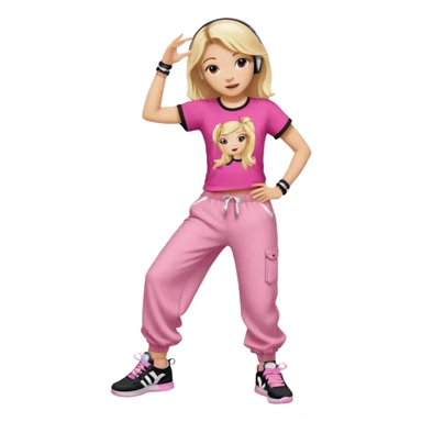 Hiphop dancer, with cute big pants, sneakers, and t-shirt. White girl blond. Coloufull shirt. No pocket pants. Dancing. No orange. Pink and black. No sweatband on the wrist, music box behind her sticker