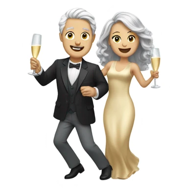 a boy with gray hair and a woman with long blond wavy hair dancing with a glass of champagne sticker