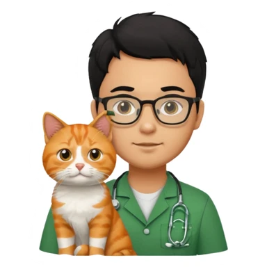 Veterinario hombre trigueño con lentes, con cabello negro, y con uniforme veterinario color verde cargando un gato naranja sticker
