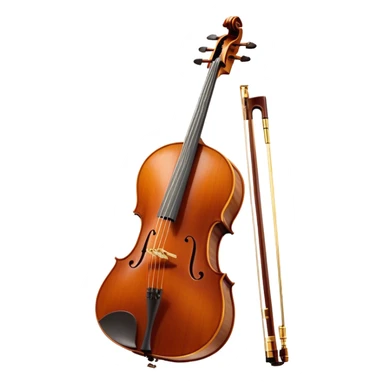 Create an elegant and refined emoji representing the Cremona cello with a Hans Klein HKCB bow. The design should feature the curved wooden body of the cello with a rich, glossy finish, capturing its classical shape and intricate details. The bow should be displayed with fine craftsmanship, highlighting the hair and the smooth, polished wooden stick. Include subtle musical notes floating around the instrument to emphasize its rich, melodic sound. Use deep wood tones like chestnut brown, gold accents for the fittings, and soft lighting effects to give the instrument a timeless, professional feel. The background should be transparent. sticker