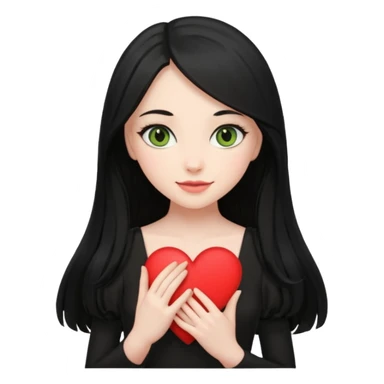 Pale girl with long black hair and olive green eyes soft smile wearing black dress and holding a heart sticker