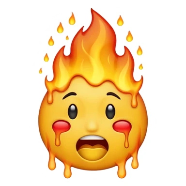 Generate an emoji that is on fire, with a synical laugh, but also crying and melting at the same time with a sad mouth.  sticker